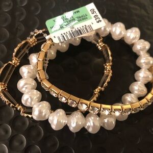 INC Triple Row Bracelet Gold-Tone Shells Faux Pearl Diamond Fashion $39 Stretch